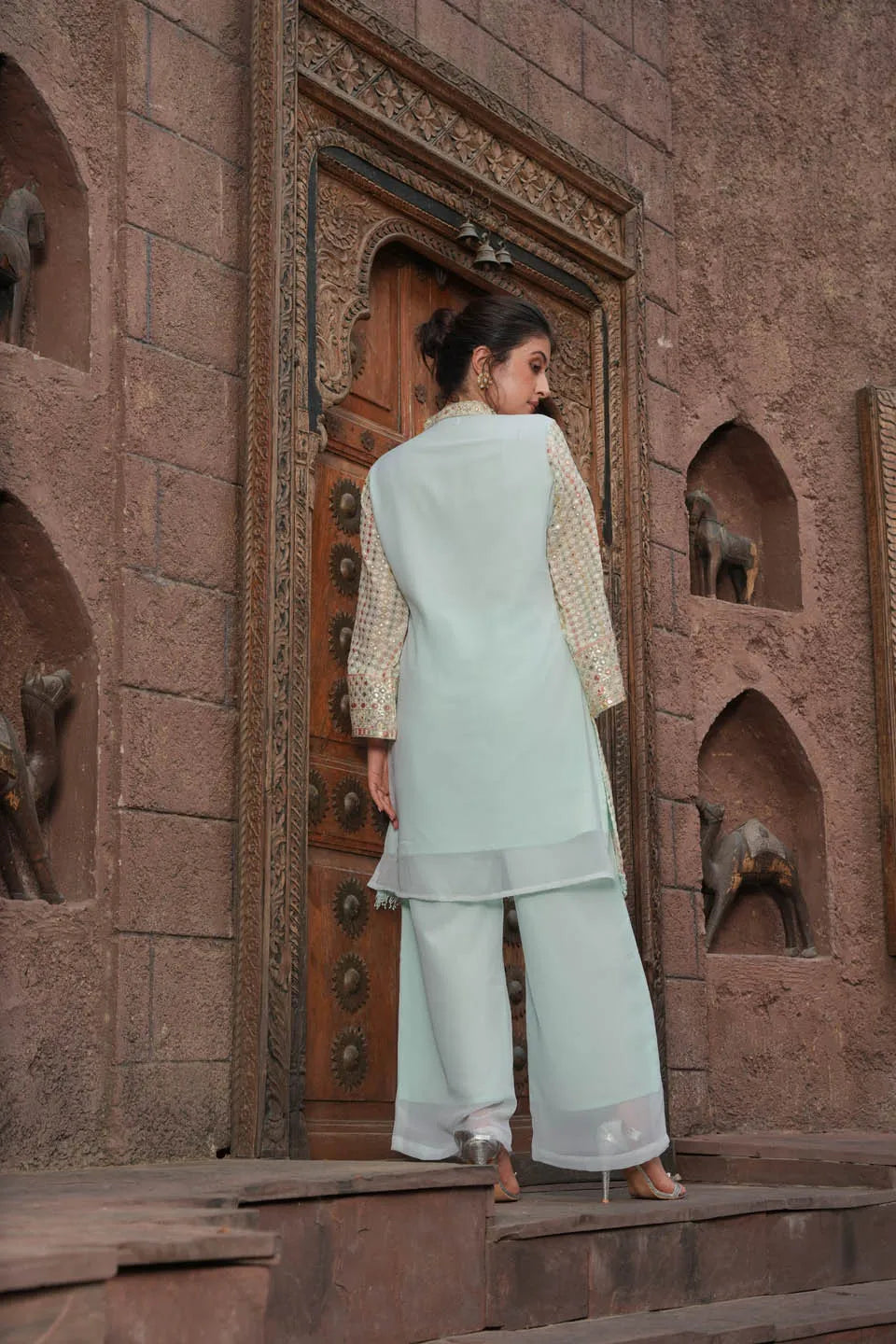elegant embroidered pastel set knee length top with mandarin collar and matching straight pants