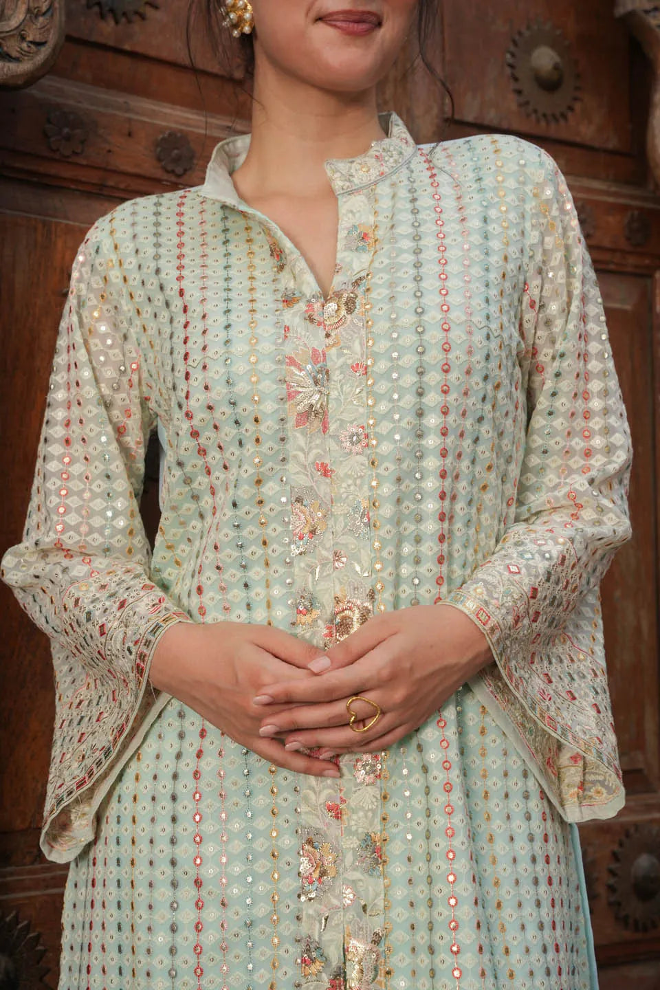 elegant embroidered pastel set knee length top with mandarin collar and matching straight pants