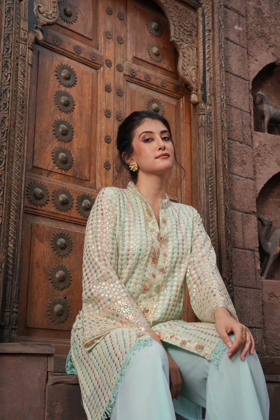 elegant embroidered pastel set knee length top with mandarin collar and matching straight pants
