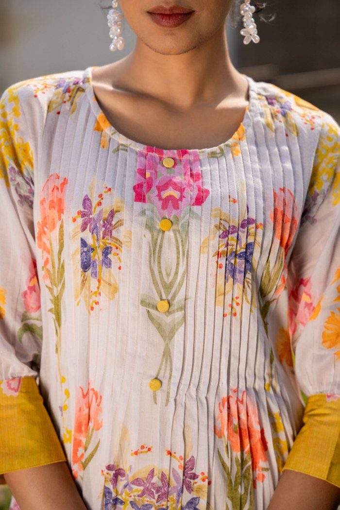 WOMEN'S FLORAL PRINTED COTTON KURTI WITH PINTUCK DETAILING AND CONTRAST YELLOW BORDER | PERFECT DAILY AND FESTIVE WEAR
