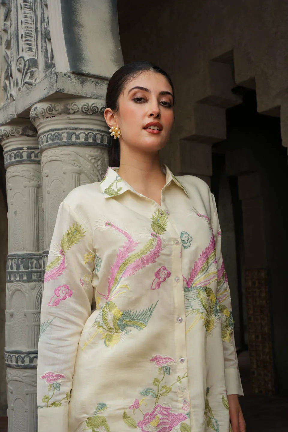 elegant floral embroidered silk blend co ord set for semi formal occasions