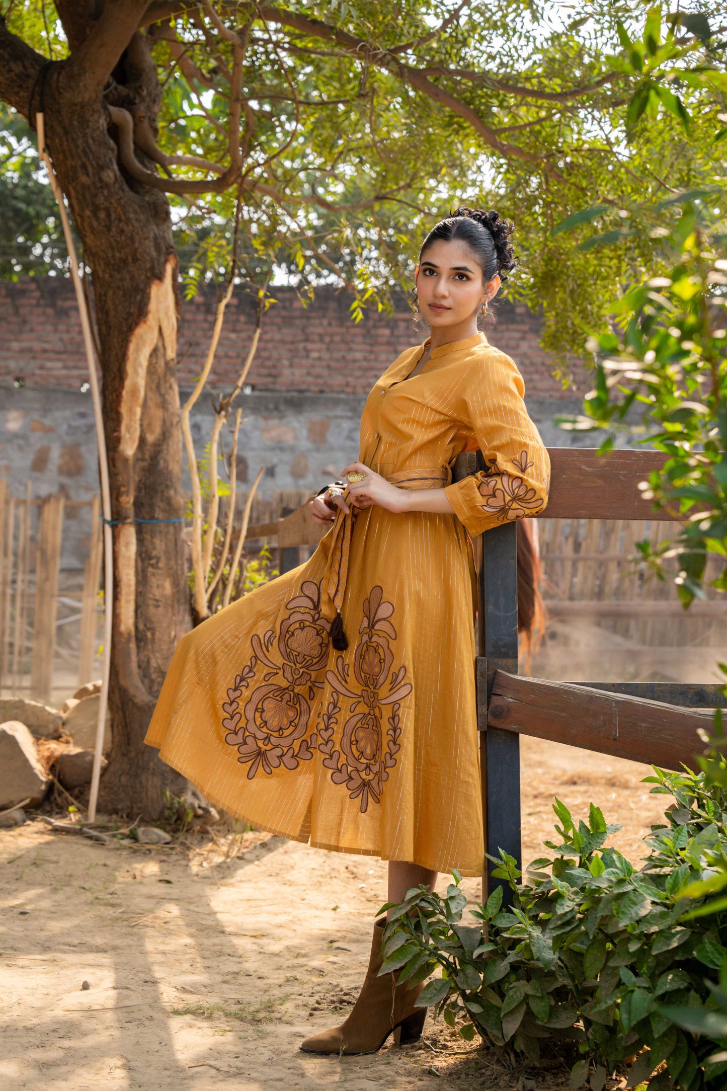 WOMEN'S MUSTARD COTTON LUREX EMBROIDERED DRESS WITH BELT