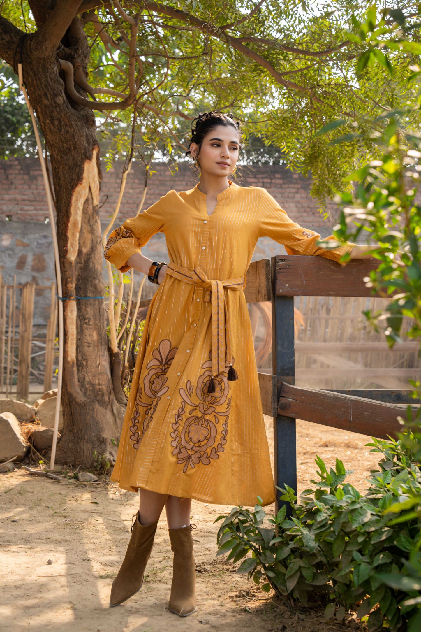 WOMEN'S MUSTARD COTTON LUREX EMBROIDERED DRESS WITH BELT