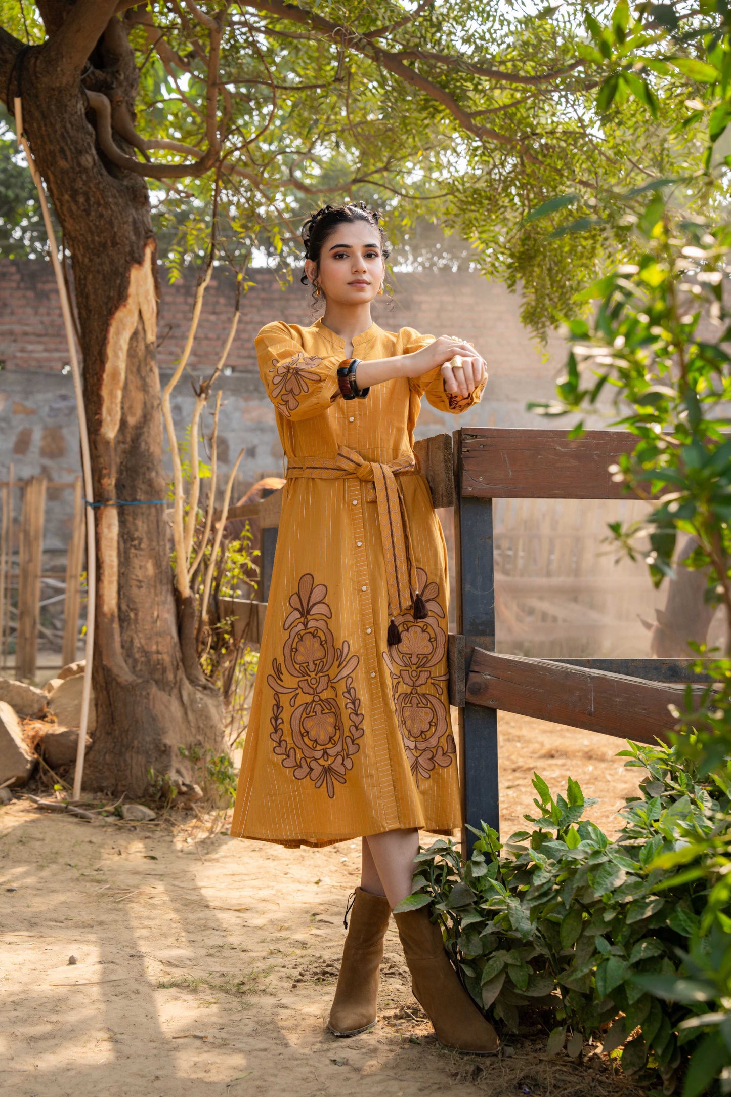 WOMEN'S MUSTARD COTTON LUREX EMBROIDERED DRESS WITH BELT