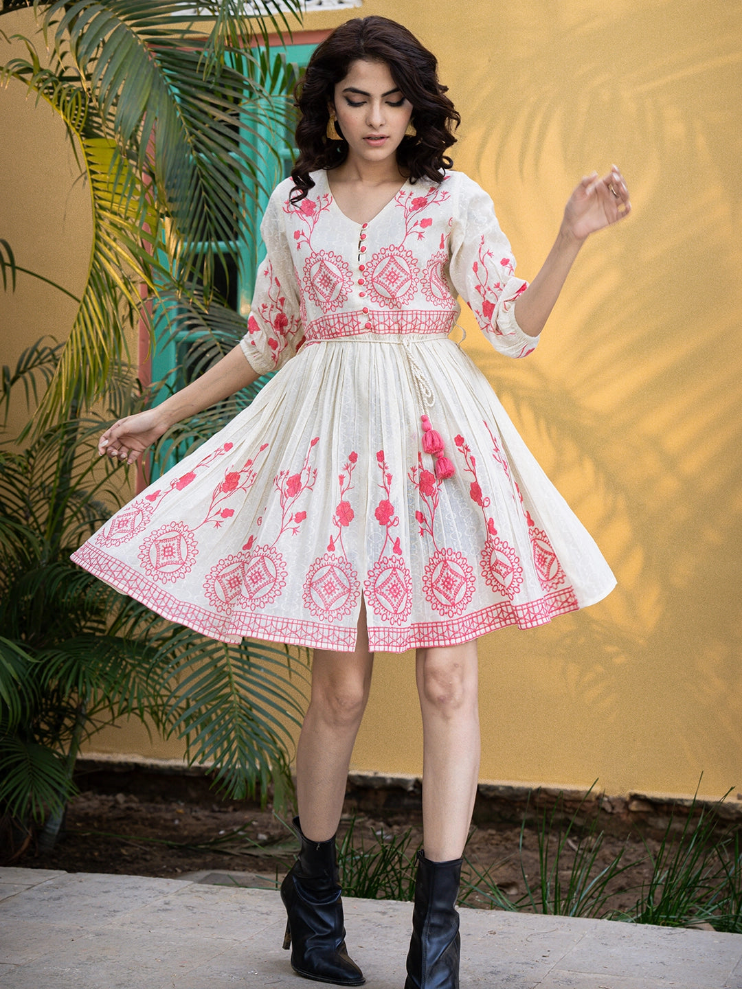 Rosy Threads: Pink Embroidery Delight Short Dress