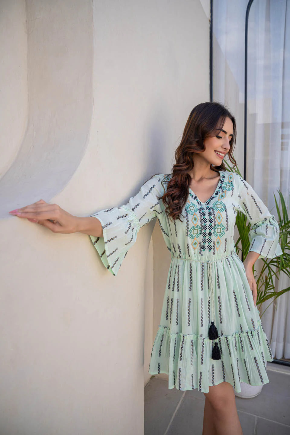 cotton dress with knot belt and flared sleeves