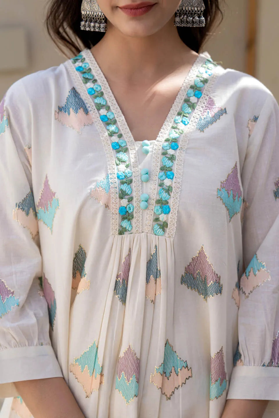 pastel geometric printed a line kurta set with embroidered detailing dupatta