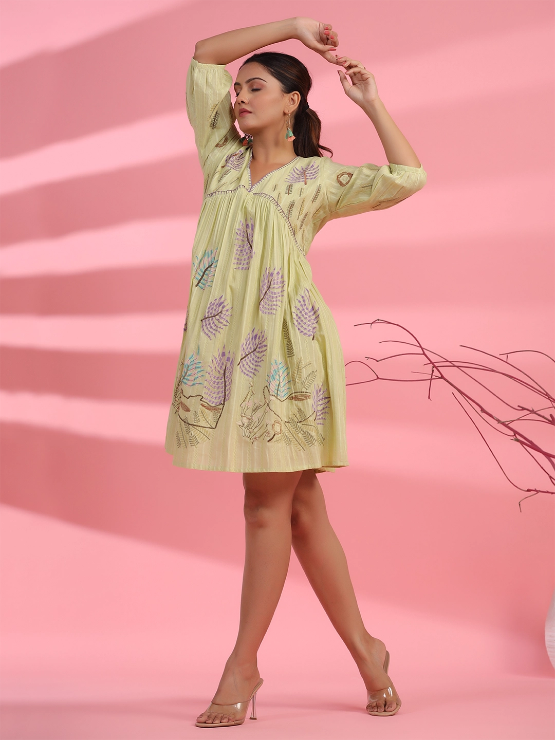 Foliage Whispers: Leaf Embroidery Short Dress