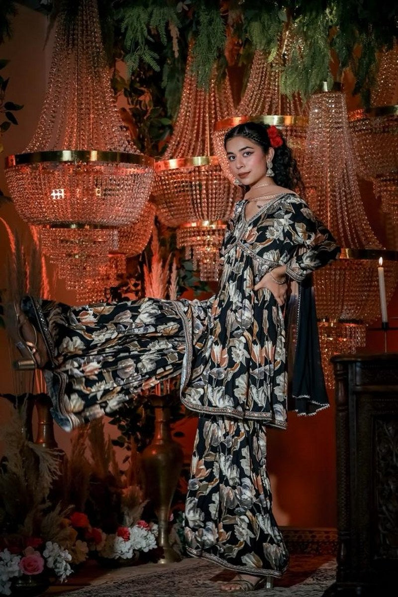 Floral Noir Rayon Sharara Set