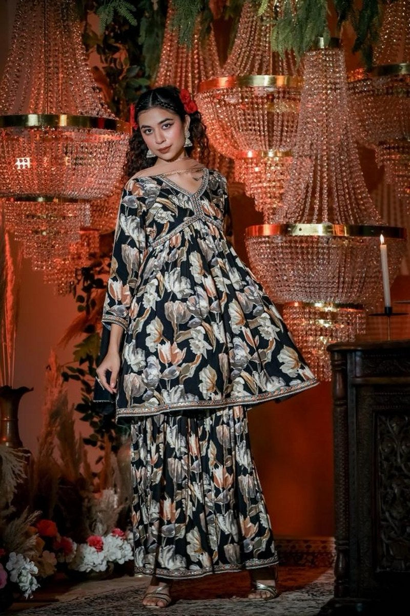 Floral Noir Rayon Sharara Set