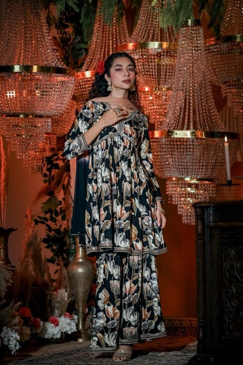 Floral Noir Rayon Sharara Set