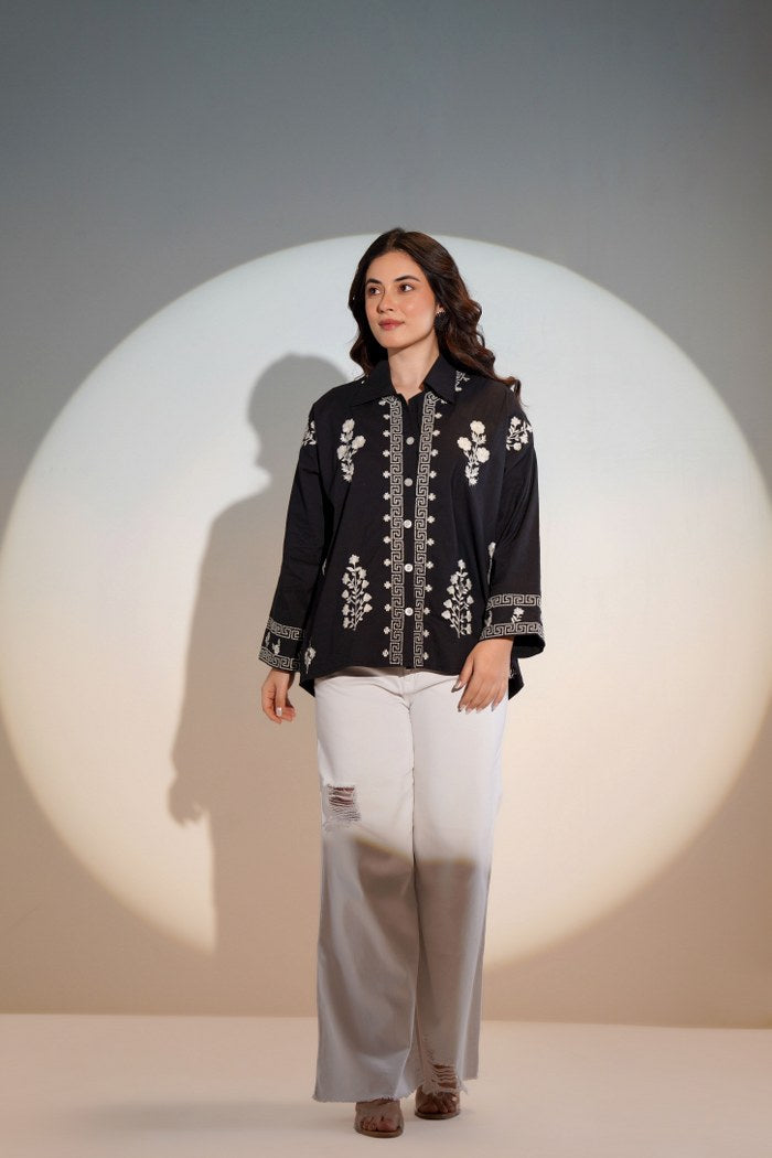 NOIR BLOOM EMBROIDERED BUTTON-DOWN SHIRT – FOR WOMEN