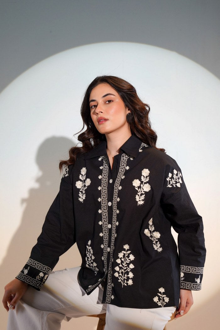NOIR BLOOM EMBROIDERED BUTTON-DOWN SHIRT – FOR WOMEN
