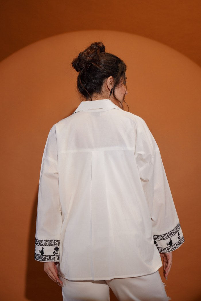 WOMEN'S IVORY COTTON EMBROIDERED SHIRT – FLORAL & GEOMETRIC DESIGN