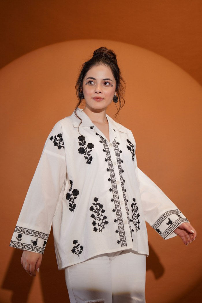 WOMEN'S IVORY COTTON EMBROIDERED SHIRT – FLORAL & GEOMETRIC DESIGN