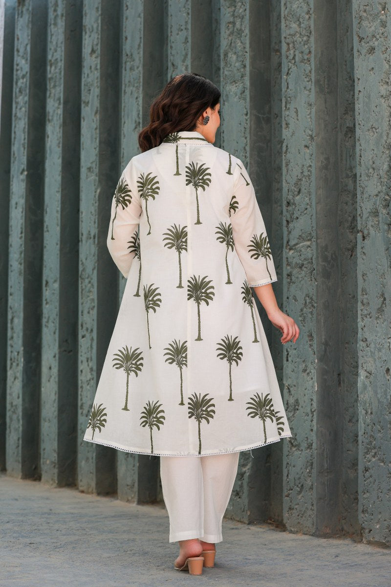 PREMIUM WHITE COTTON CO-ORDS SET WITH PALM PRINT – ELEGANT DAILY & OFFICE WEAR