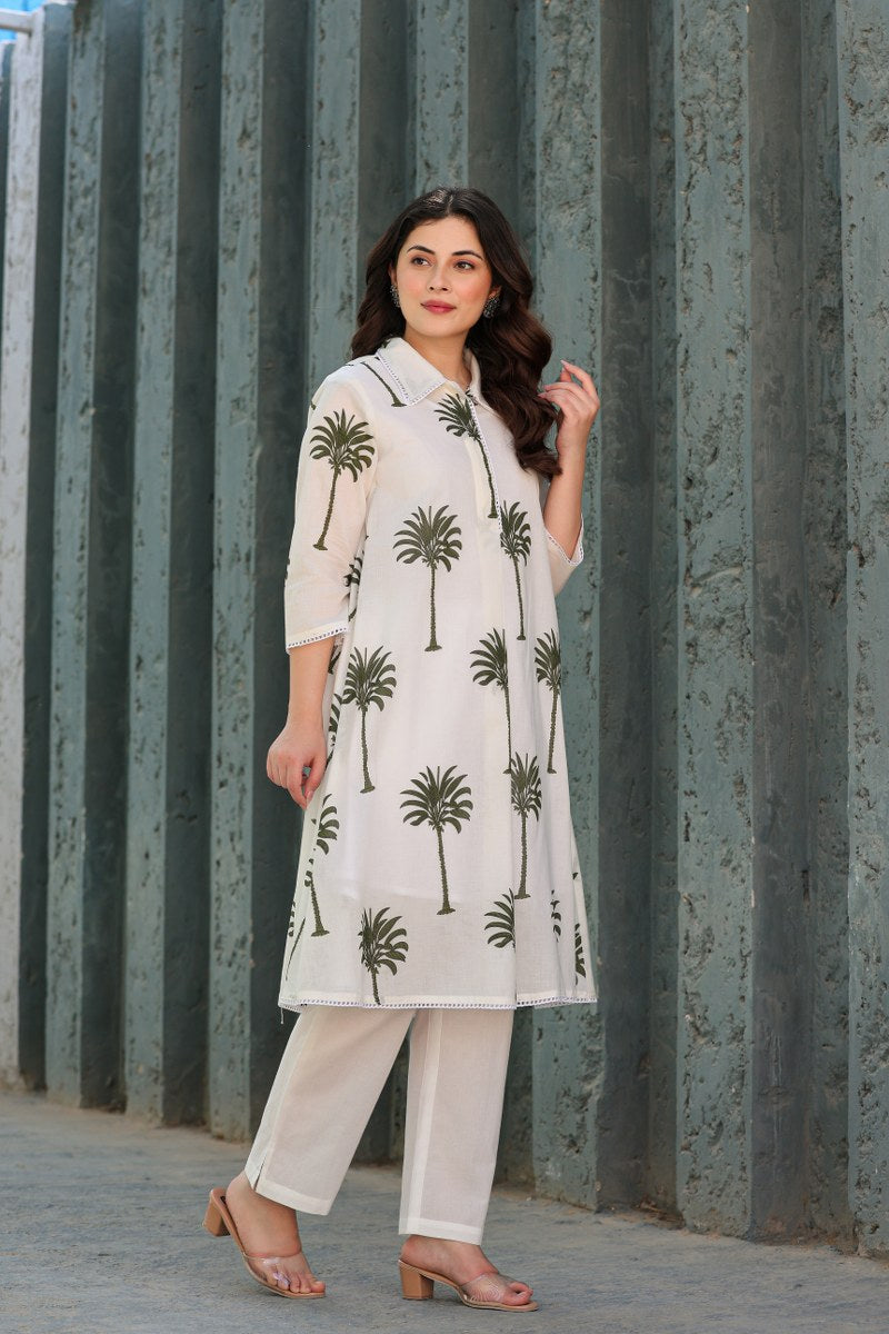 PREMIUM WHITE COTTON CO-ORDS SET WITH PALM PRINT – ELEGANT DAILY & OFFICE WEAR