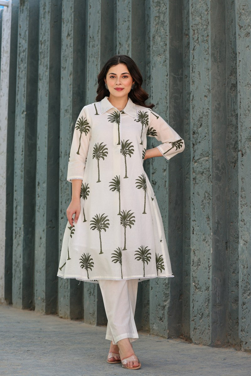 PREMIUM WHITE COTTON CO-ORDS SET WITH PALM PRINT – ELEGANT DAILY & OFFICE WEAR