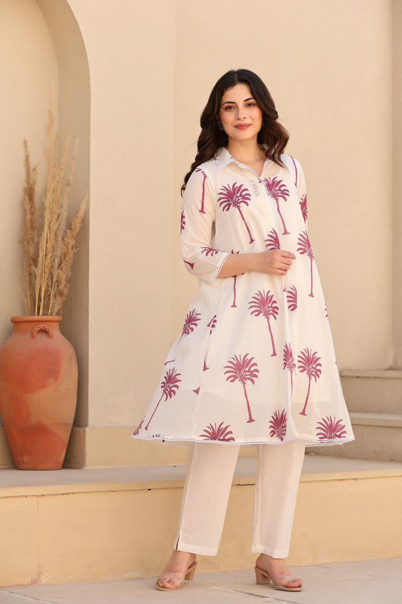 PREMIUM WHITE COTTON CO-ORD SET WITH PALM PRINT COMFORTABLE & STYLISH