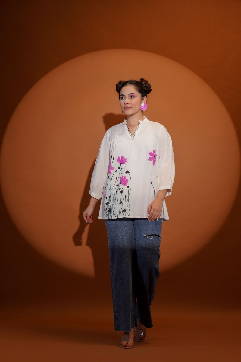 DAISY BLOOM HAND-PAINTED COTTON SHIRT – FOR WOMEN