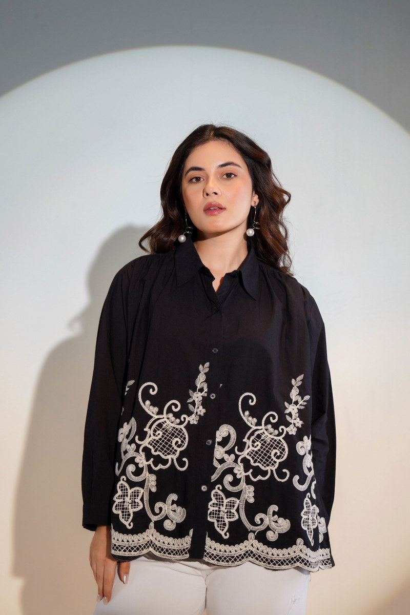 ELEGANT BLACK COTTON SHIRT WITH WHITE THREAD EMBROIDERY – FOR WOMEN