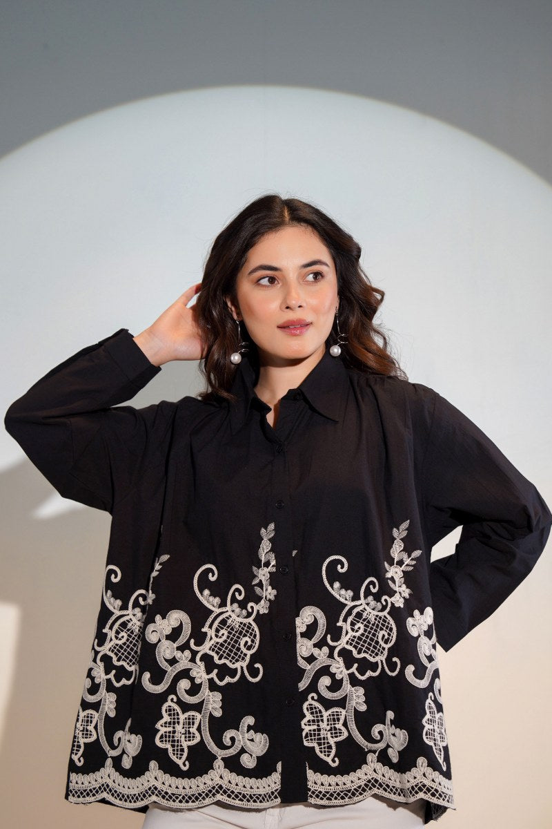 ELEGANT BLACK COTTON SHIRT WITH WHITE THREAD EMBROIDERY – FOR WOMEN