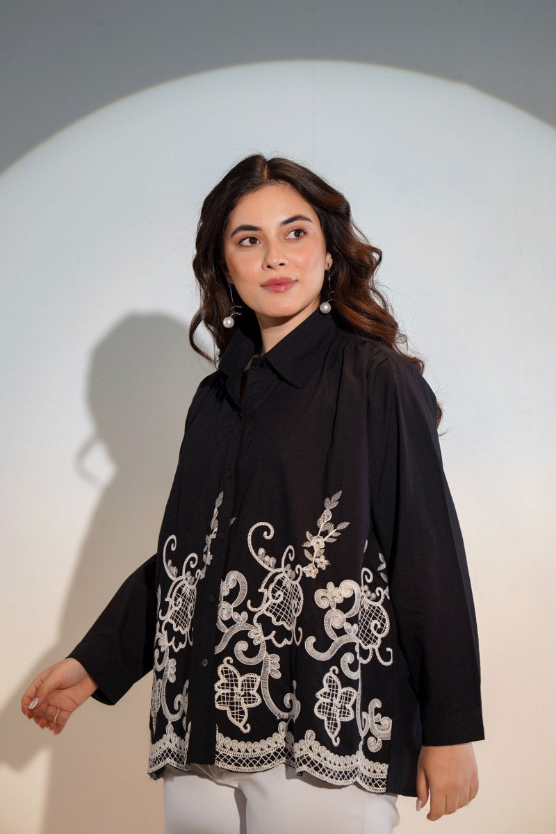 ELEGANT BLACK COTTON SHIRT WITH WHITE THREAD EMBROIDERY – FOR WOMEN