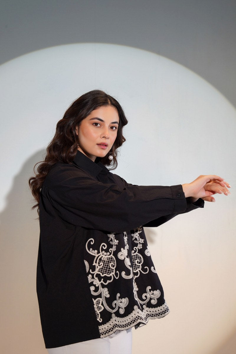 ELEGANT BLACK COTTON SHIRT WITH WHITE THREAD EMBROIDERY – FOR WOMEN