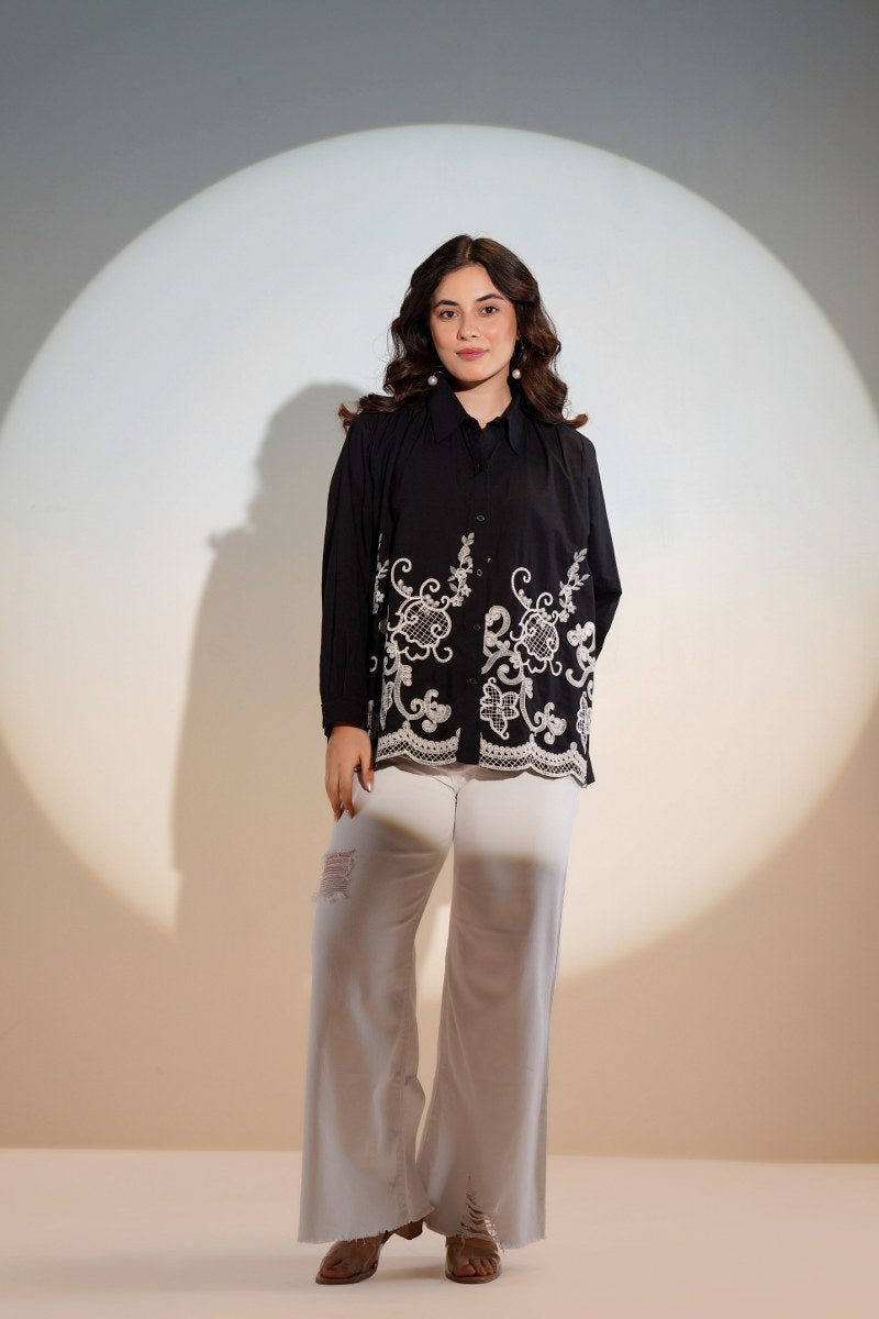 ELEGANT BLACK COTTON SHIRT WITH WHITE THREAD EMBROIDERY – FOR WOMEN