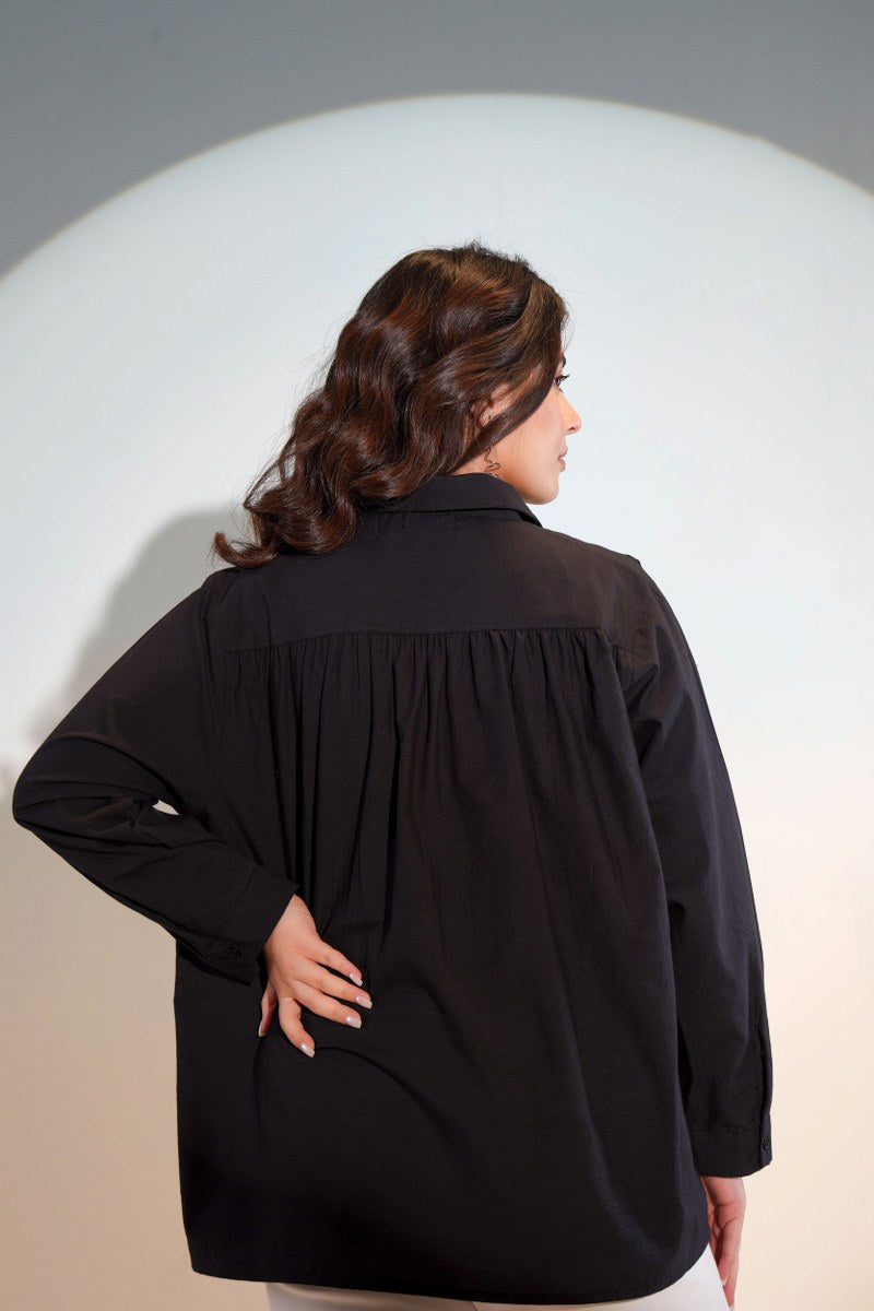 ELEGANT BLACK COTTON SHIRT WITH WHITE THREAD EMBROIDERY – FOR WOMEN
