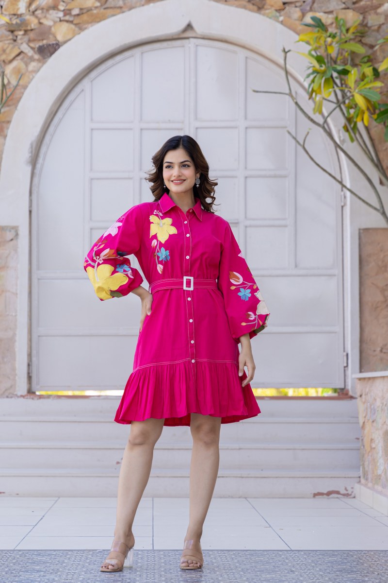 FUCHSIA FLORAL HAND-PAINTED COTTON POPLIN DRESS WITH BELT