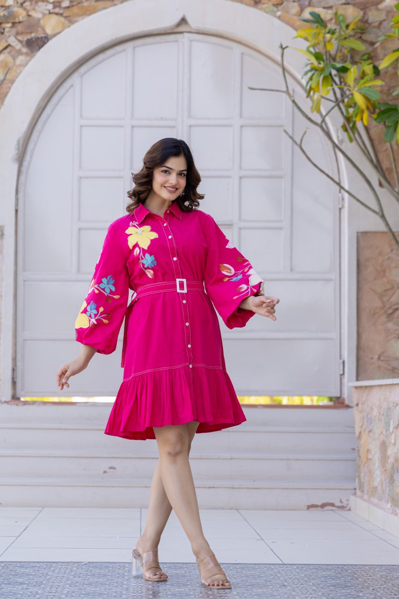 FUCHSIA FLORAL HAND-PAINTED COTTON POPLIN DRESS WITH BELT