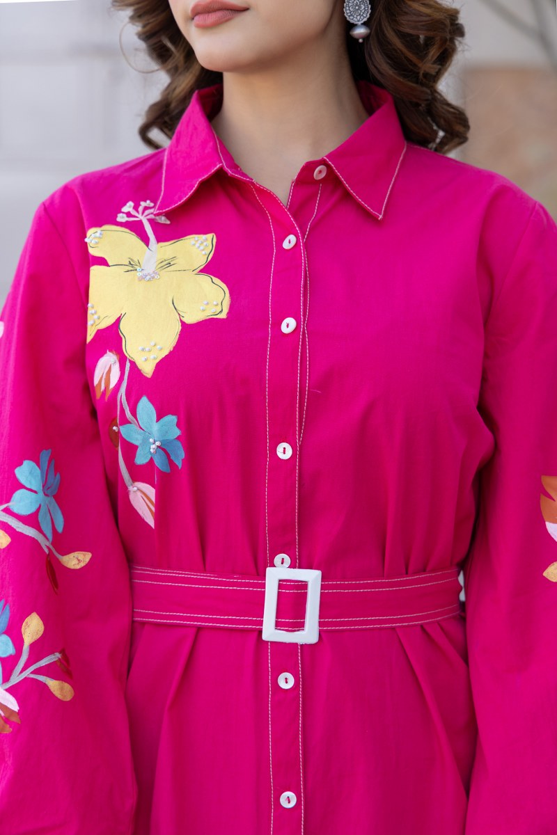 FUCHSIA FLORAL HAND-PAINTED COTTON POPLIN DRESS WITH BELT