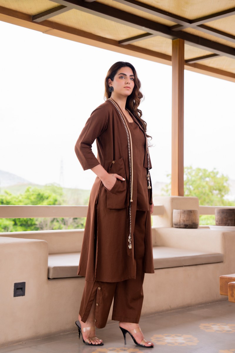Brown Co-Ord Set for Women | Cotton Kurta with Palazzo Pants