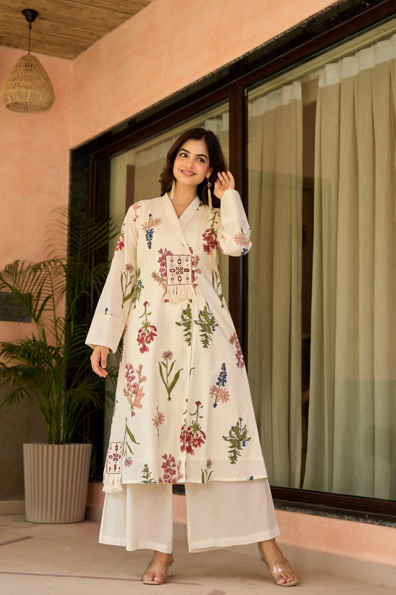Elegant Floral Printed Cotton Wrap Kurta Set – Off White