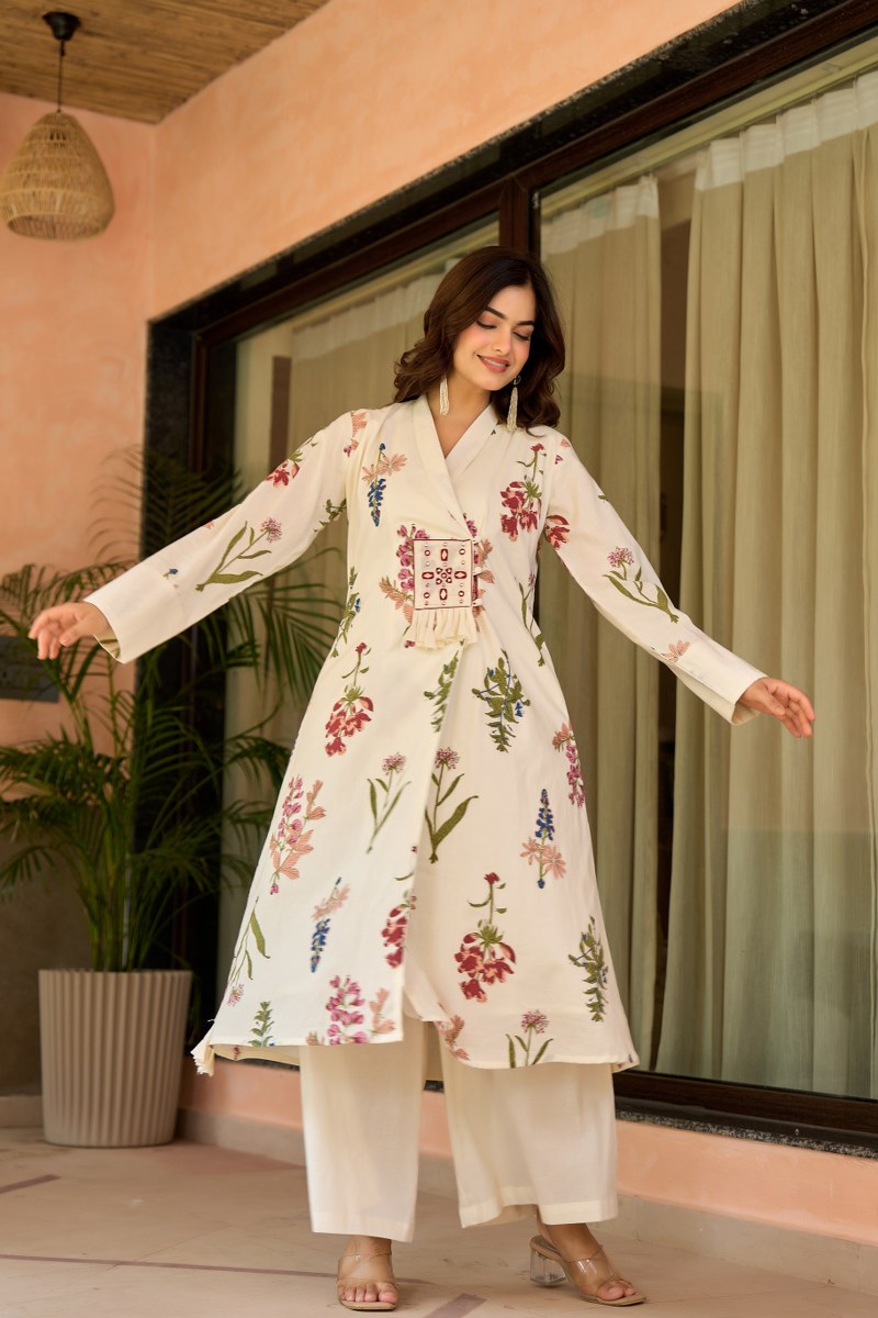 Elegant Floral Printed Cotton Wrap Kurta Set – Off White
