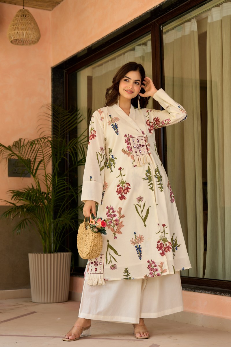 Elegant Floral Printed Cotton Wrap Kurta Set – Off White