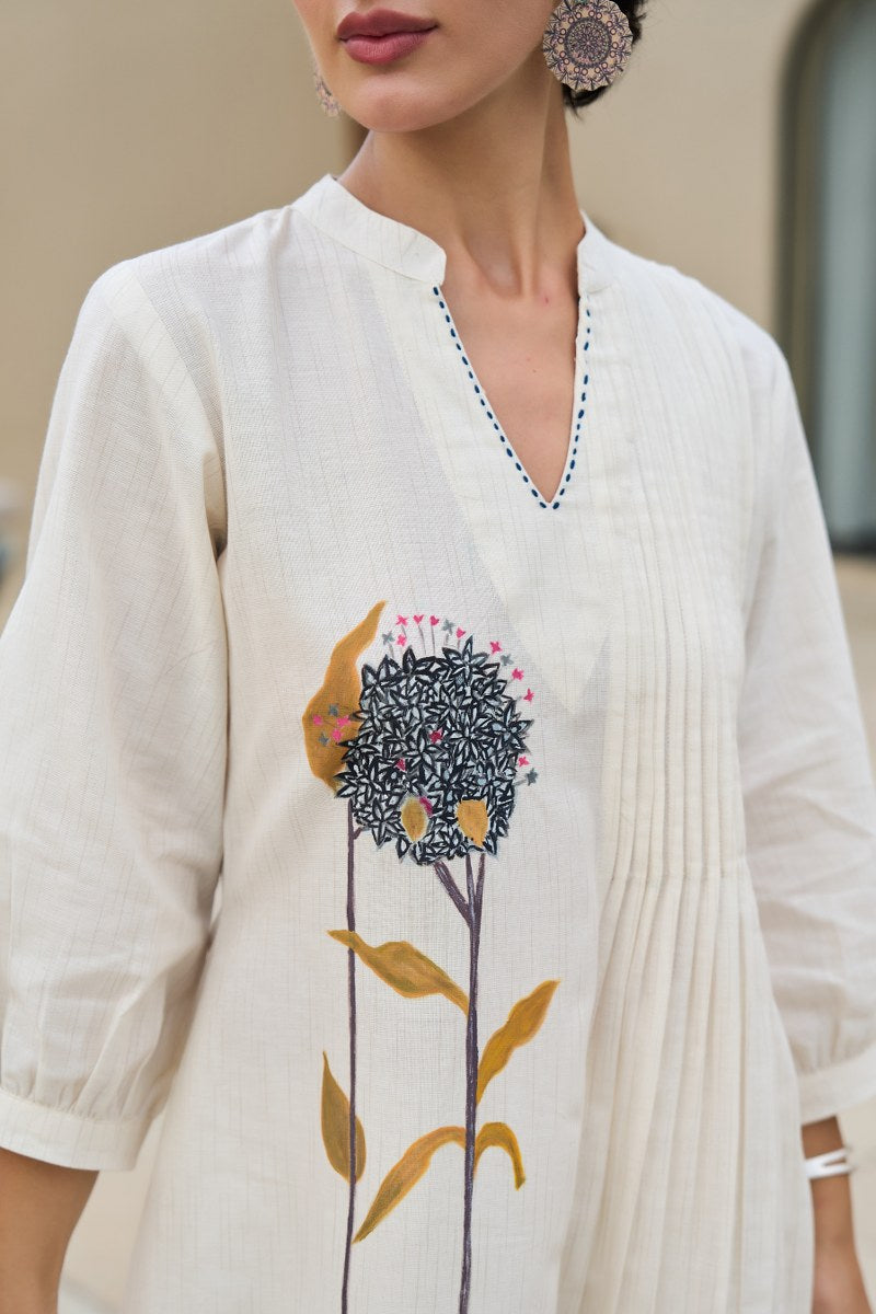 Elegant Cotton Hand Paint Co-Ords Set – Off White with Floral Motif & Geometric Border