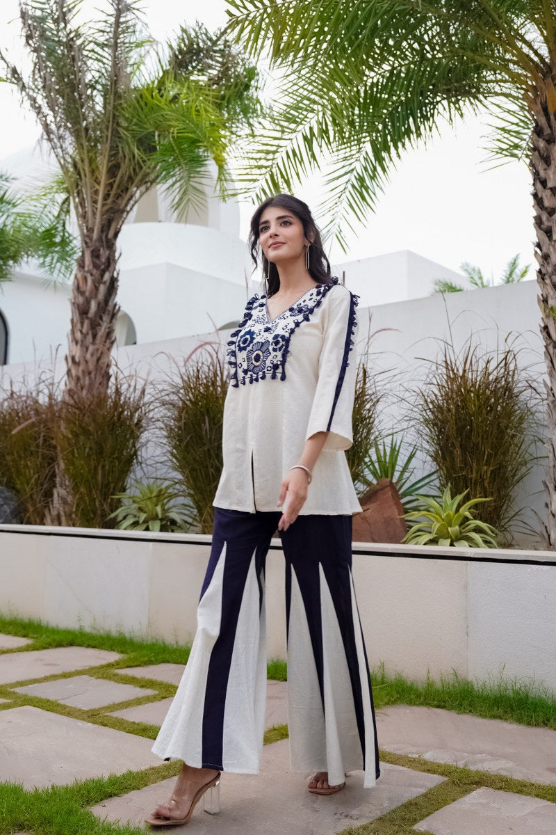 Off White & Navy Blue Embroidered Cotton Co-ord Set for Women – Stylish Ethnic Top & Pant Set
