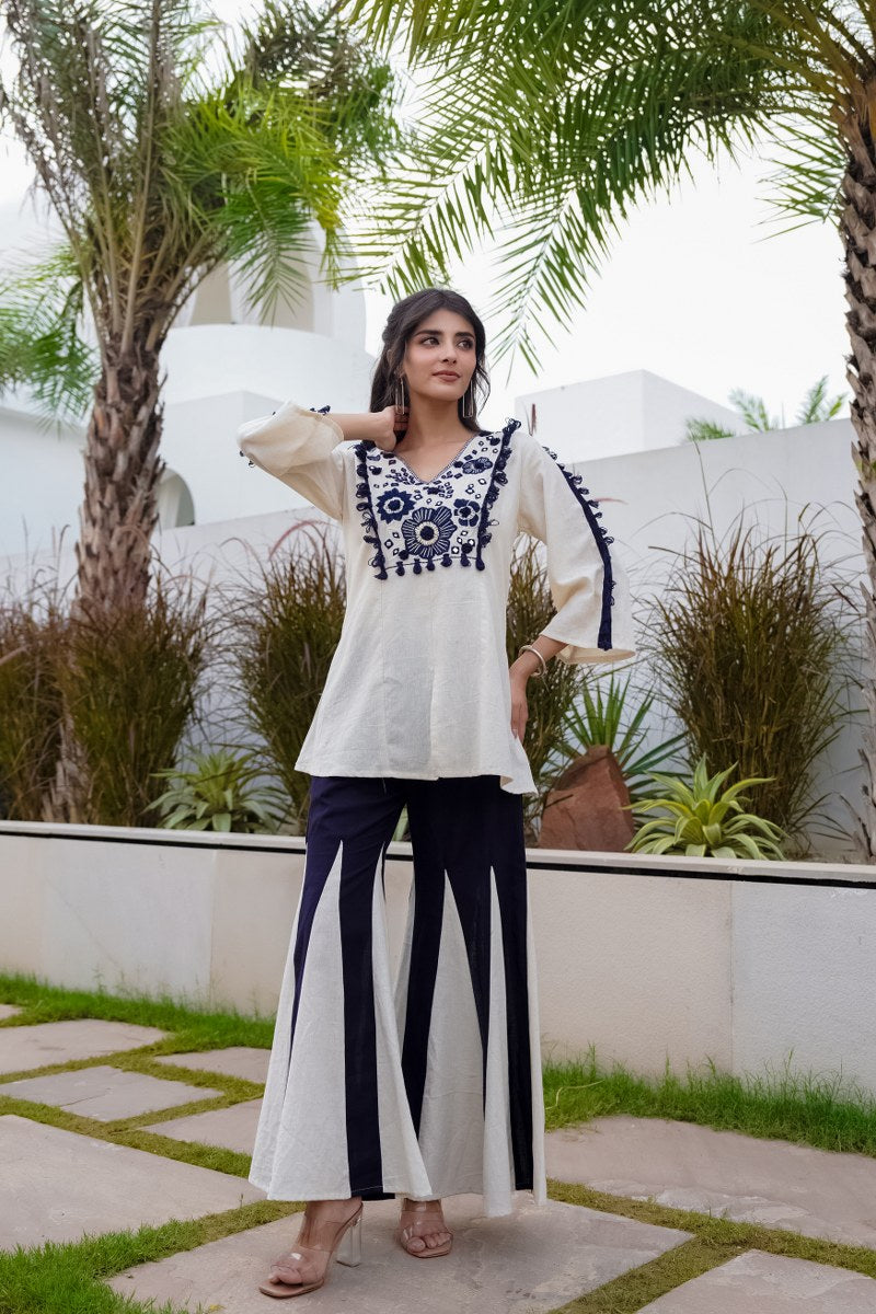 Off White & Navy Blue Embroidered Cotton Co-ord Set for Women – Stylish Ethnic Top & Pant Set