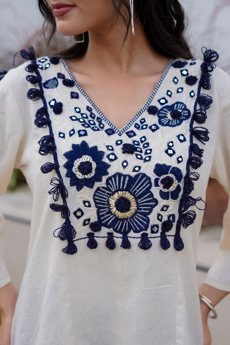 Off White & Navy Blue Embroidered Cotton Co-ord Set for Women – Stylish Ethnic Top & Pant Set