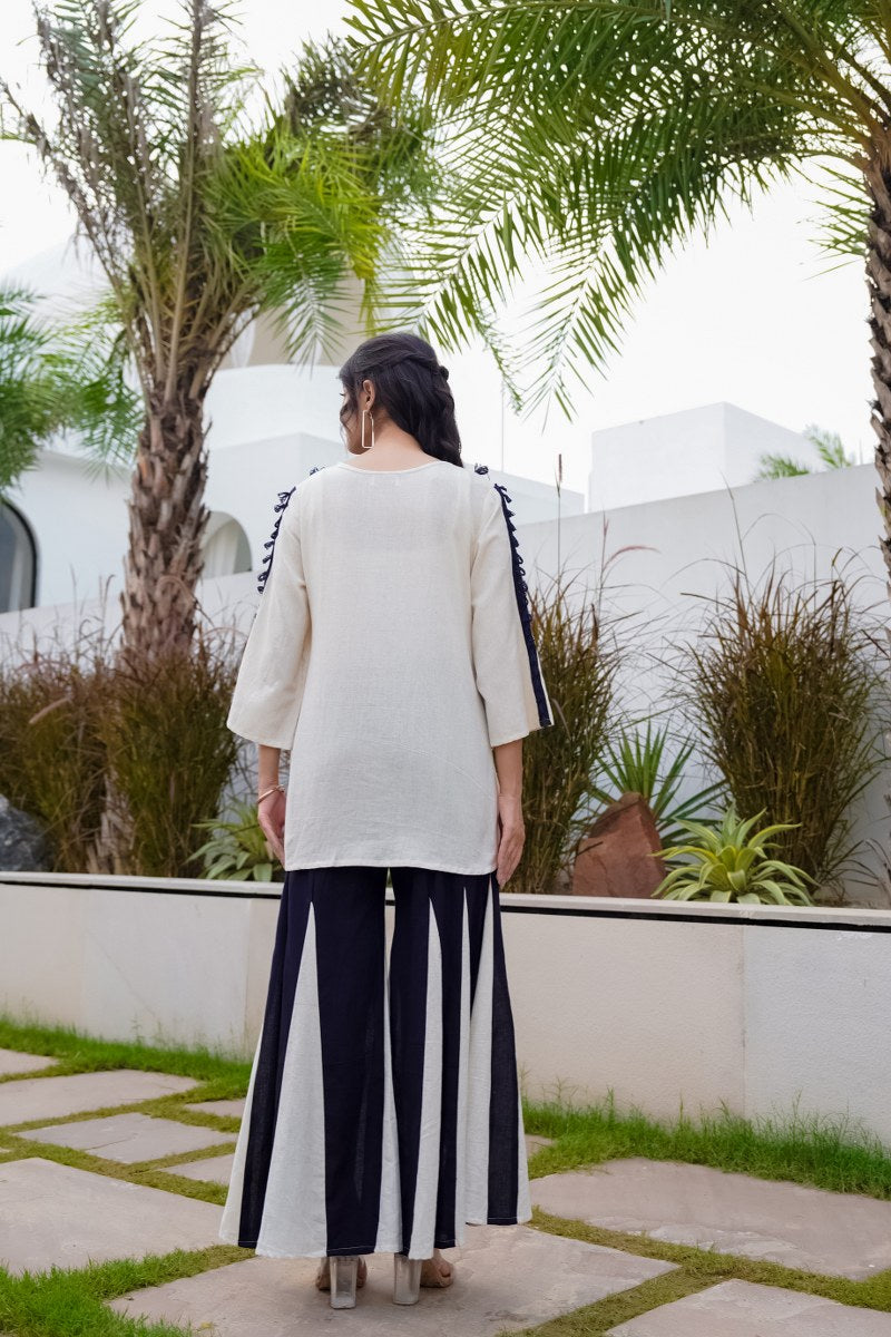 Off White & Navy Blue Embroidered Cotton Co-ord Set for Women – Stylish Ethnic Top & Pant Set