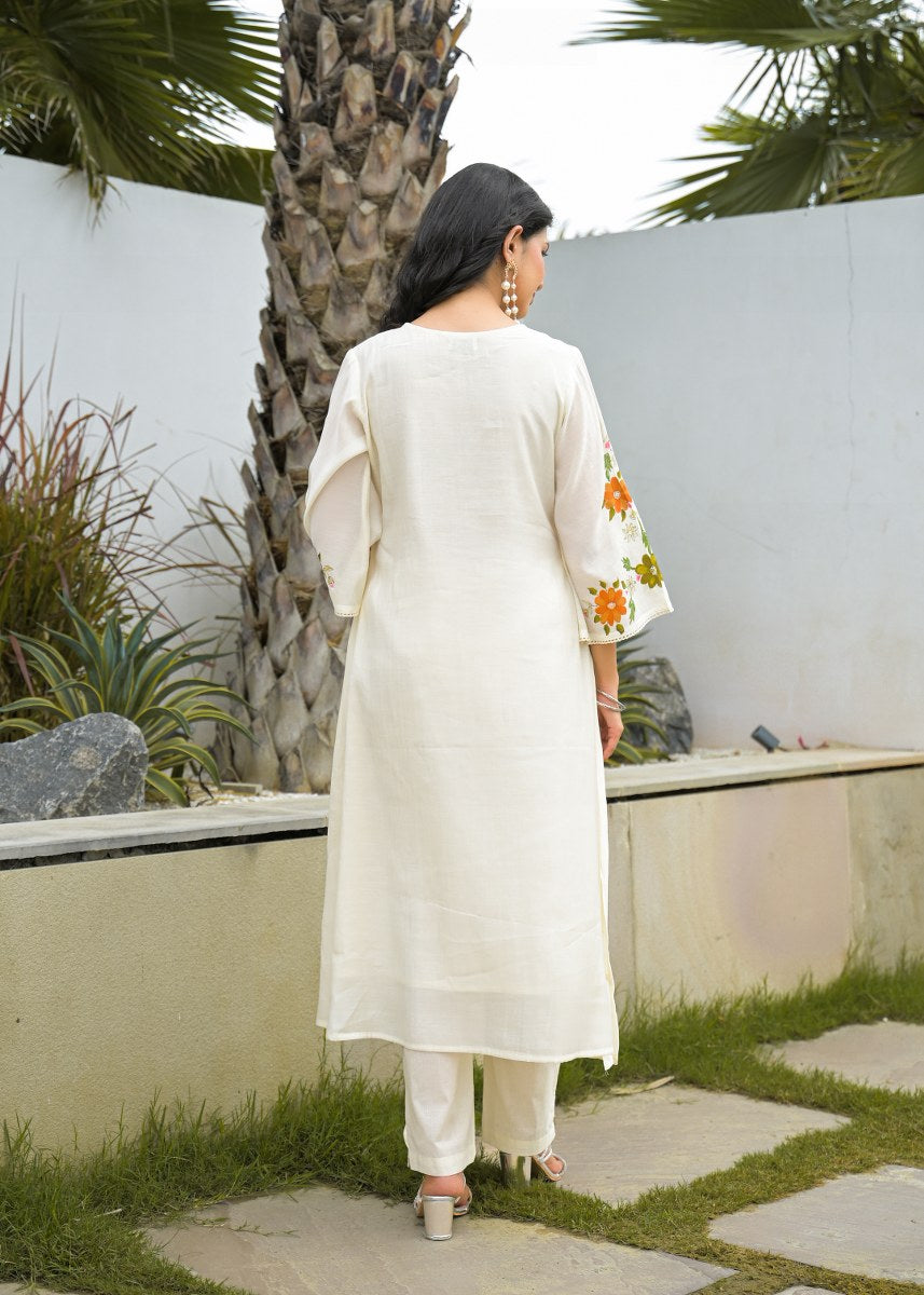 Off White Floral Embroidered Cotton Kurta Set with Printed Dupatta – Elegant Ethnic Wear for Women