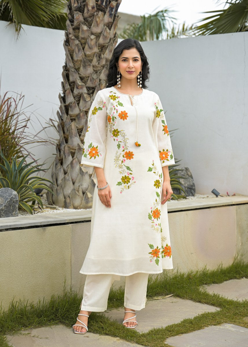 Off White Floral Embroidered Cotton Kurta Set with Printed Dupatta – Elegant Ethnic Wear for Women