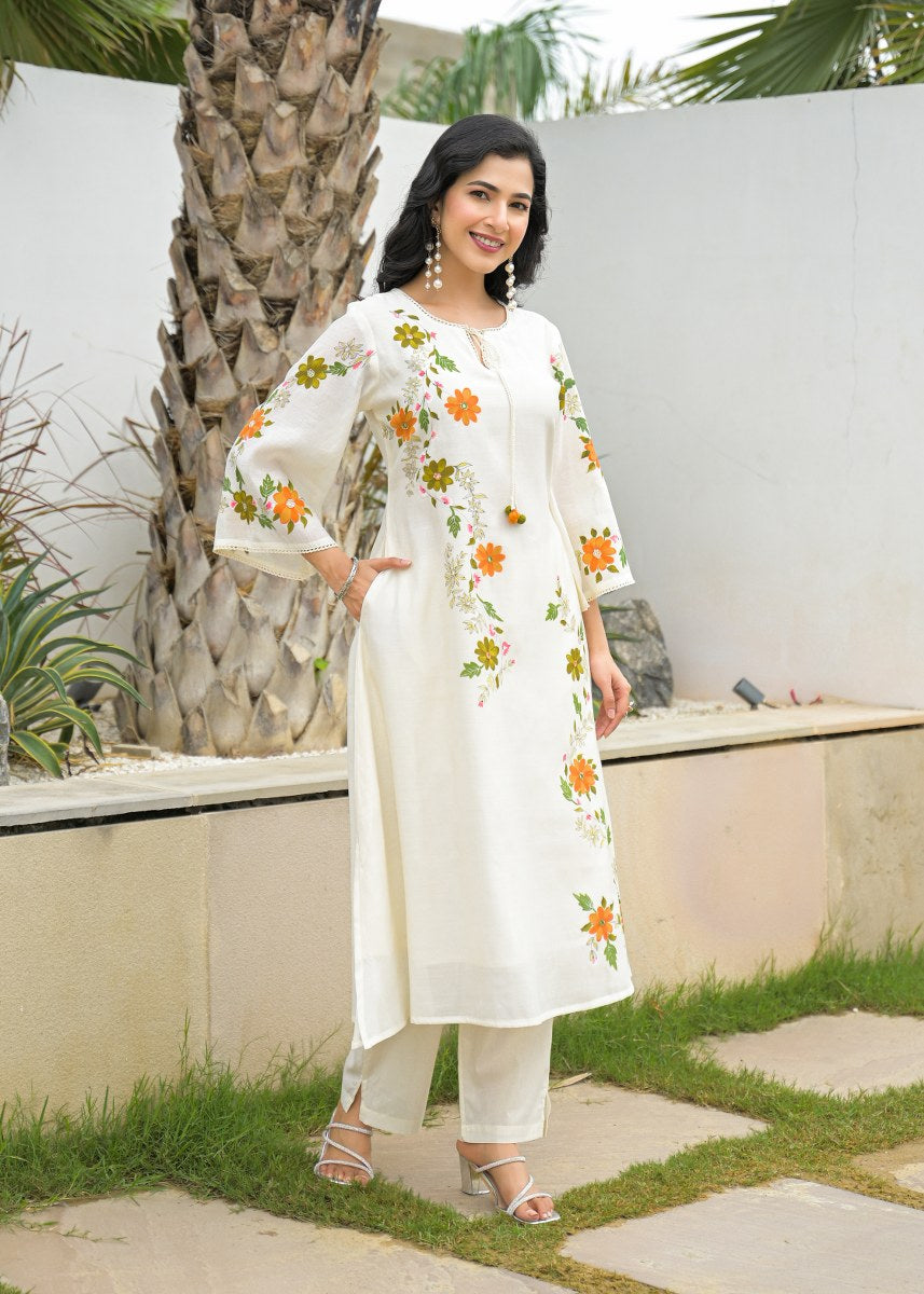 Off White Floral Embroidered Cotton Kurta Set with Printed Dupatta – Elegant Ethnic Wear for Women