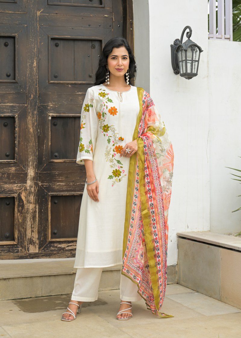 Off White Floral Embroidered Cotton Kurta Set with Printed Dupatta – Elegant Ethnic Wear for Women