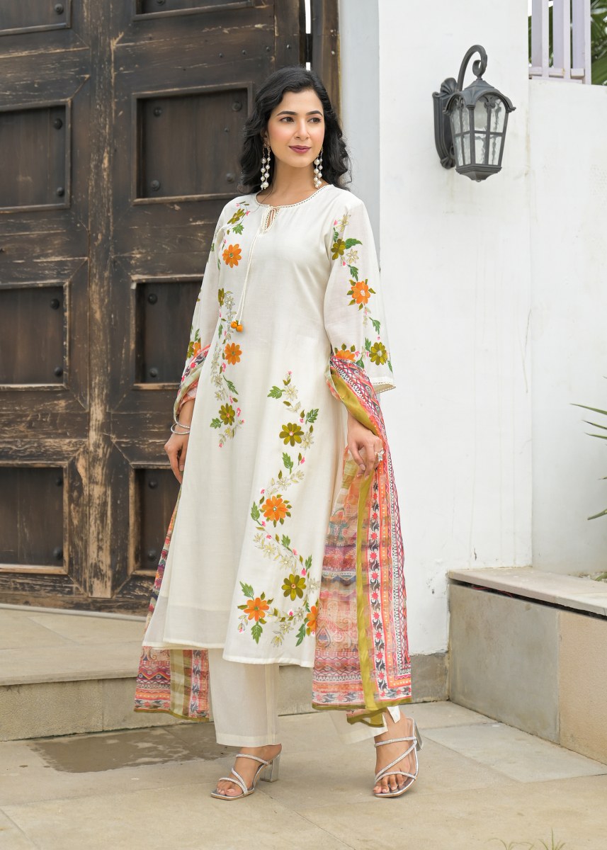 Off White Floral Embroidered Cotton Kurta Set with Printed Dupatta – Elegant Ethnic Wear for Women