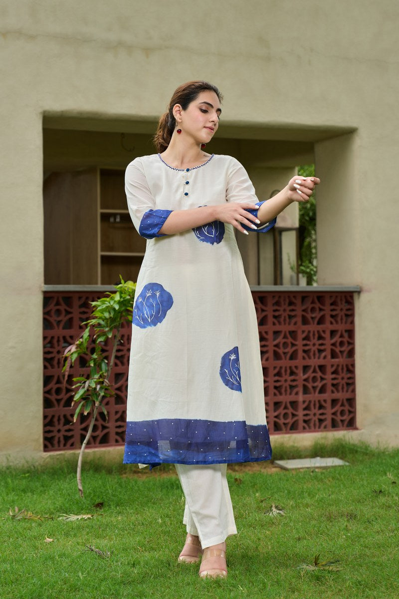 Elegant Cotton Kurta Set – Off White with Blue Floral Print