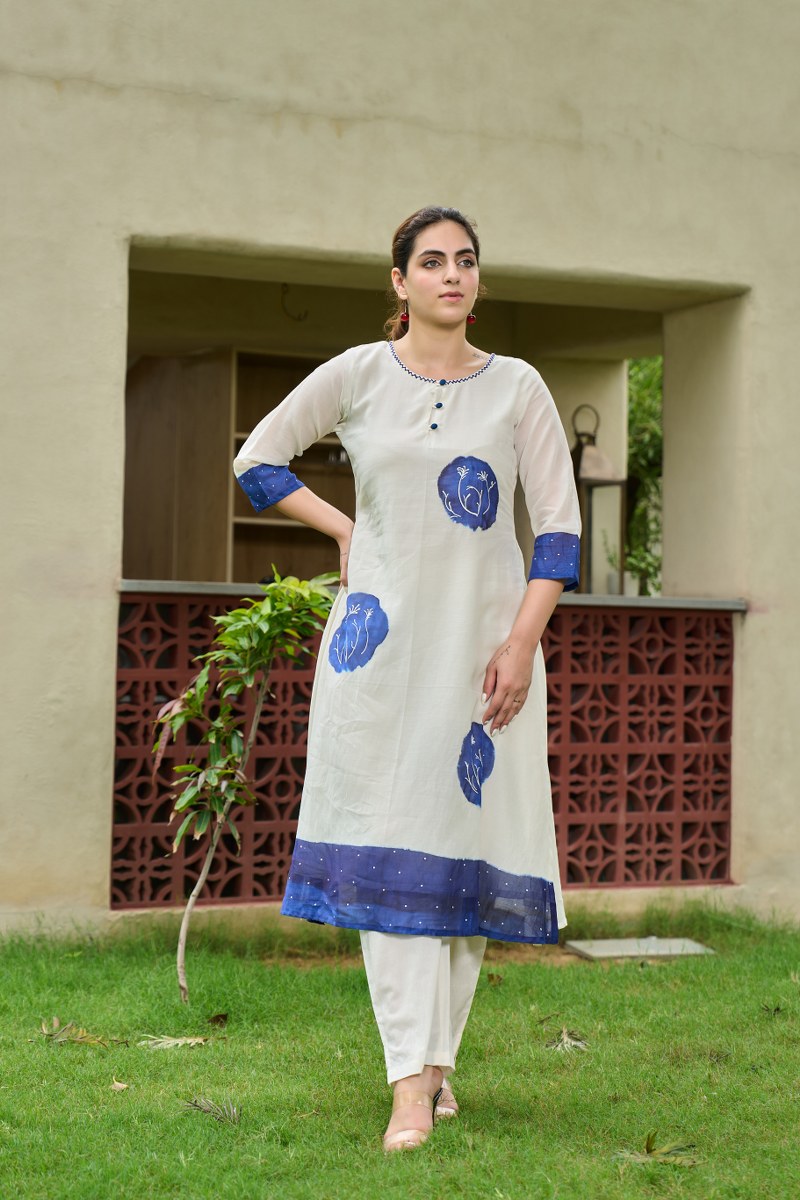 Elegant Cotton Kurta Set – Off White with Blue Floral Print
