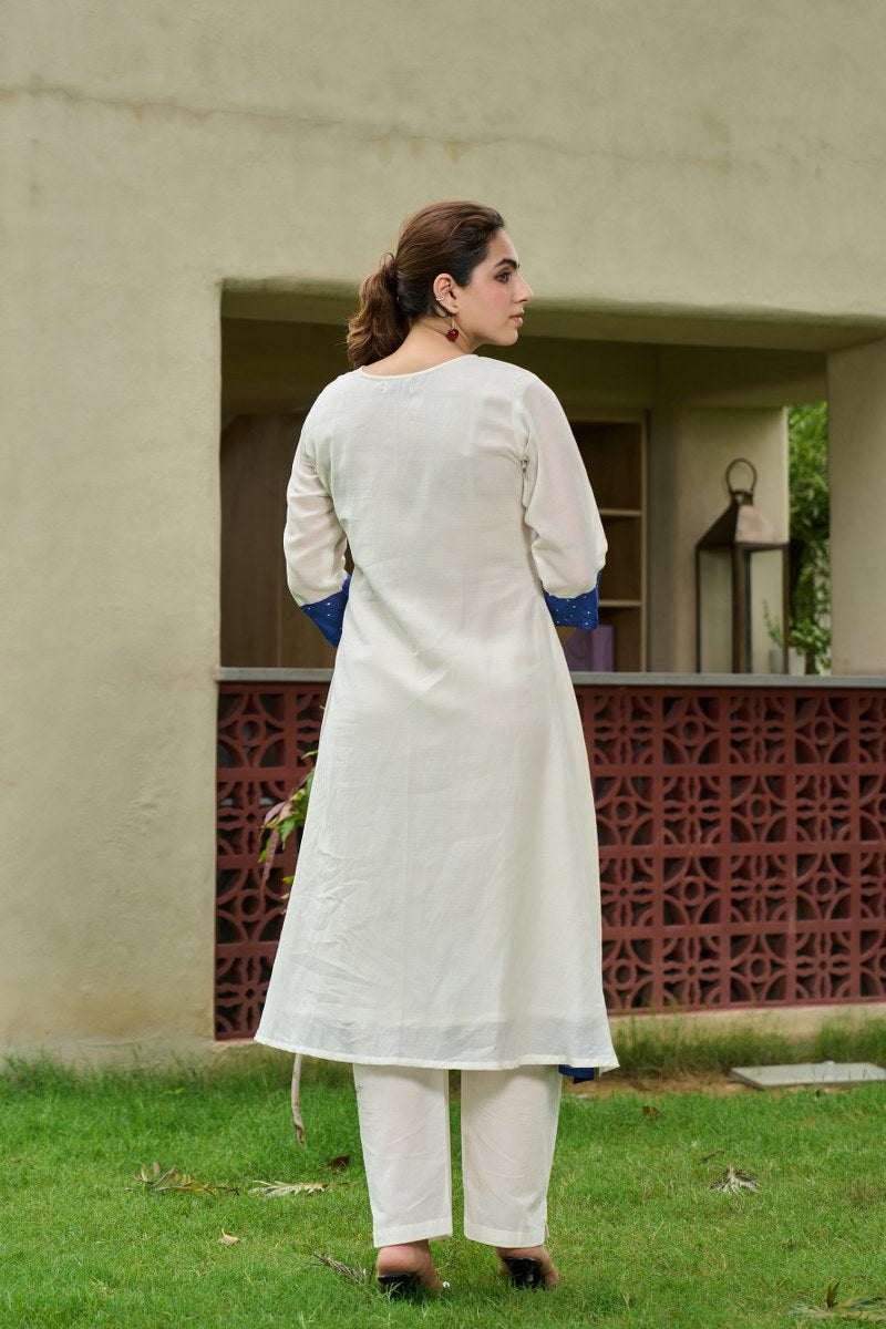 Elegant Cotton Kurta Set – Off White with Blue Floral Print